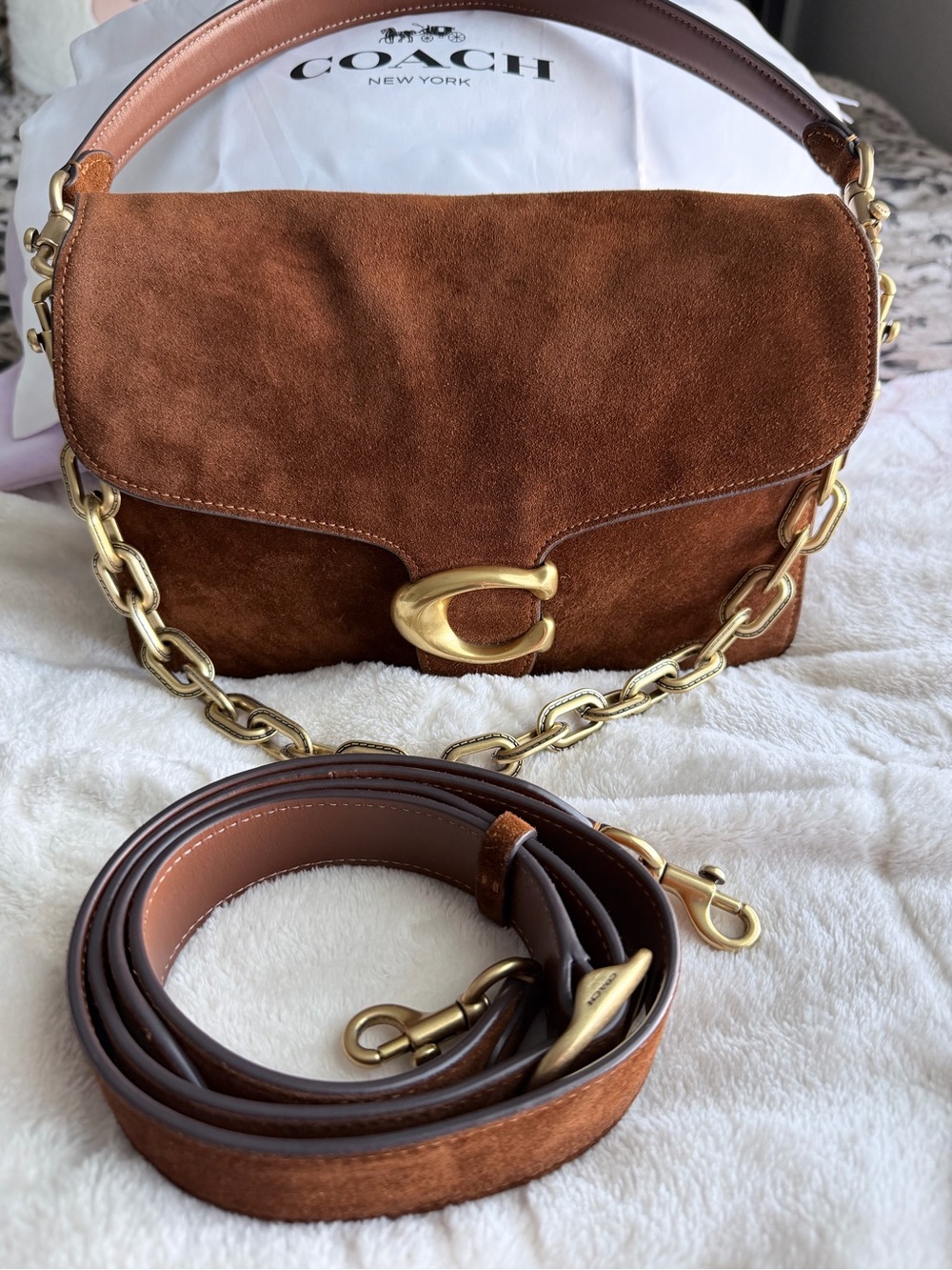Coach Brown Suede Shoulder Bag with Gold Hardware